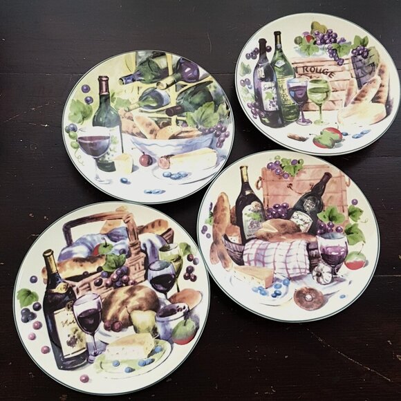 4pc Wine & Cheese Side Plates Set Cocktail Happy Hour Appetizer Charcuterie - Picture 1 of 9